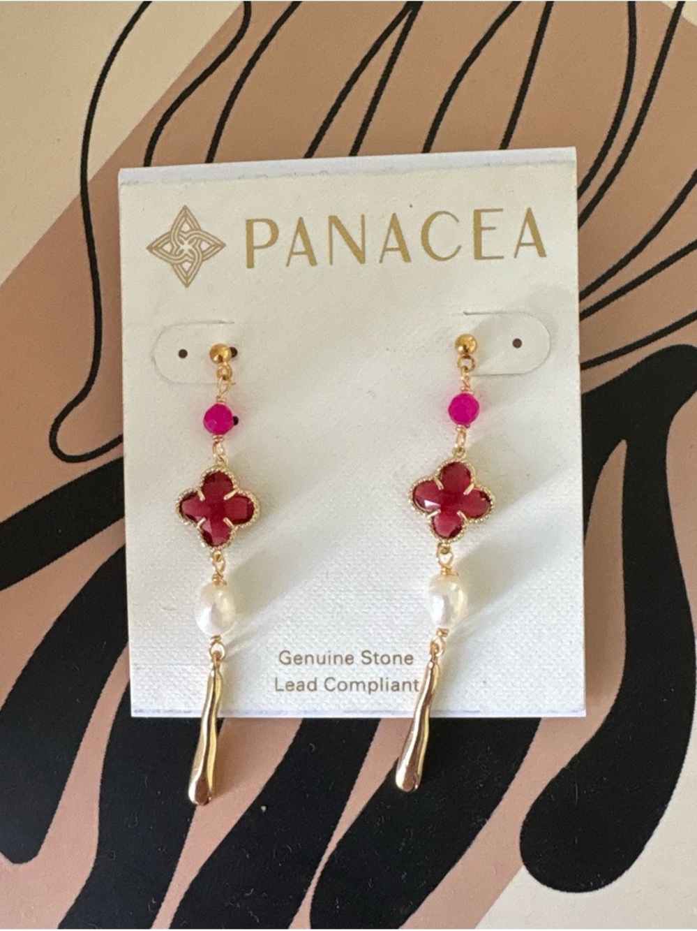 Nordstrom Gold Drop Earrings with Red Clover and Pink Accents